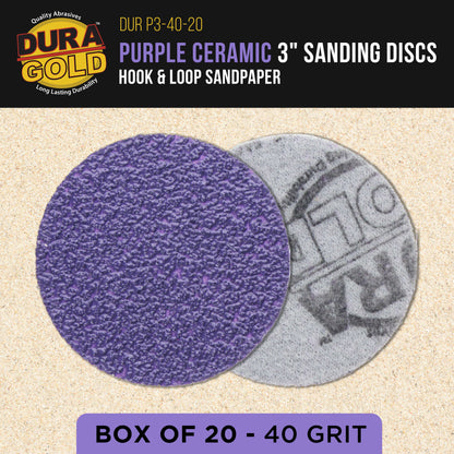 Premium 40 Grit 3" Purple Film Ceramic Sanding Discs, Box of 20 - Hook & Loop Backing Sandpaper for DA Sander, Drill, Grinder, Rotary Tool