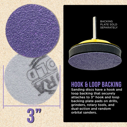 Premium 40 Grit 3" Purple Film Ceramic Sanding Discs, Box of 20 - Hook & Loop Backing Sandpaper for DA Sander, Drill, Grinder, Rotary Tool