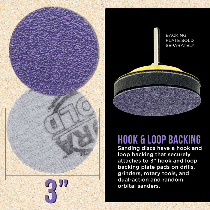 Premium 40 Grit 3" Purple Film Ceramic Sanding Discs, Box of 20 - Hook & Loop Backing Sandpaper for DA Sander, Drill, Grinder, Rotary Tool - Sand Auto Body Paint, Metal, Wood, Woodworking