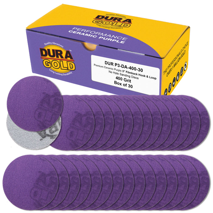 Premium 400 Grit 3" Purple Film Ceramic Sanding Discs, Box of 30 - Hook & Loop Backing Sandpaper for DA Sander, Drill, Grinder, Rotary Tool - Sand Auto Body Paint, Metal, Wood, Woodworking