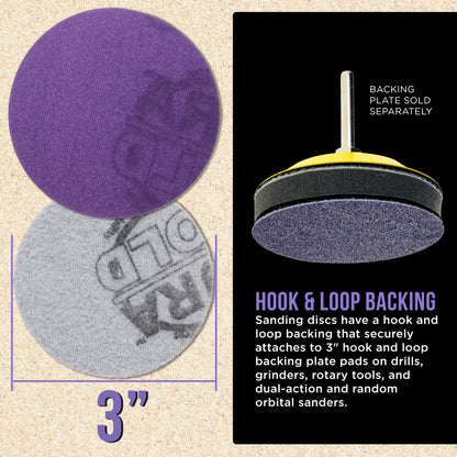 Premium 400 Grit 3" Purple Film Ceramic Sanding Discs, Box of 30 - Hook & Loop Backing Sandpaper for DA Sander, Drill, Grinder, Rotary Tool