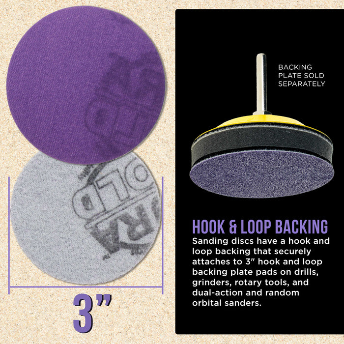 Premium 400 Grit 3" Purple Film Ceramic Sanding Discs, Box of 30 - Hook & Loop Backing Sandpaper for DA Sander, Drill, Grinder, Rotary Tool - Sand Auto Body Paint, Metal, Wood, Woodworking