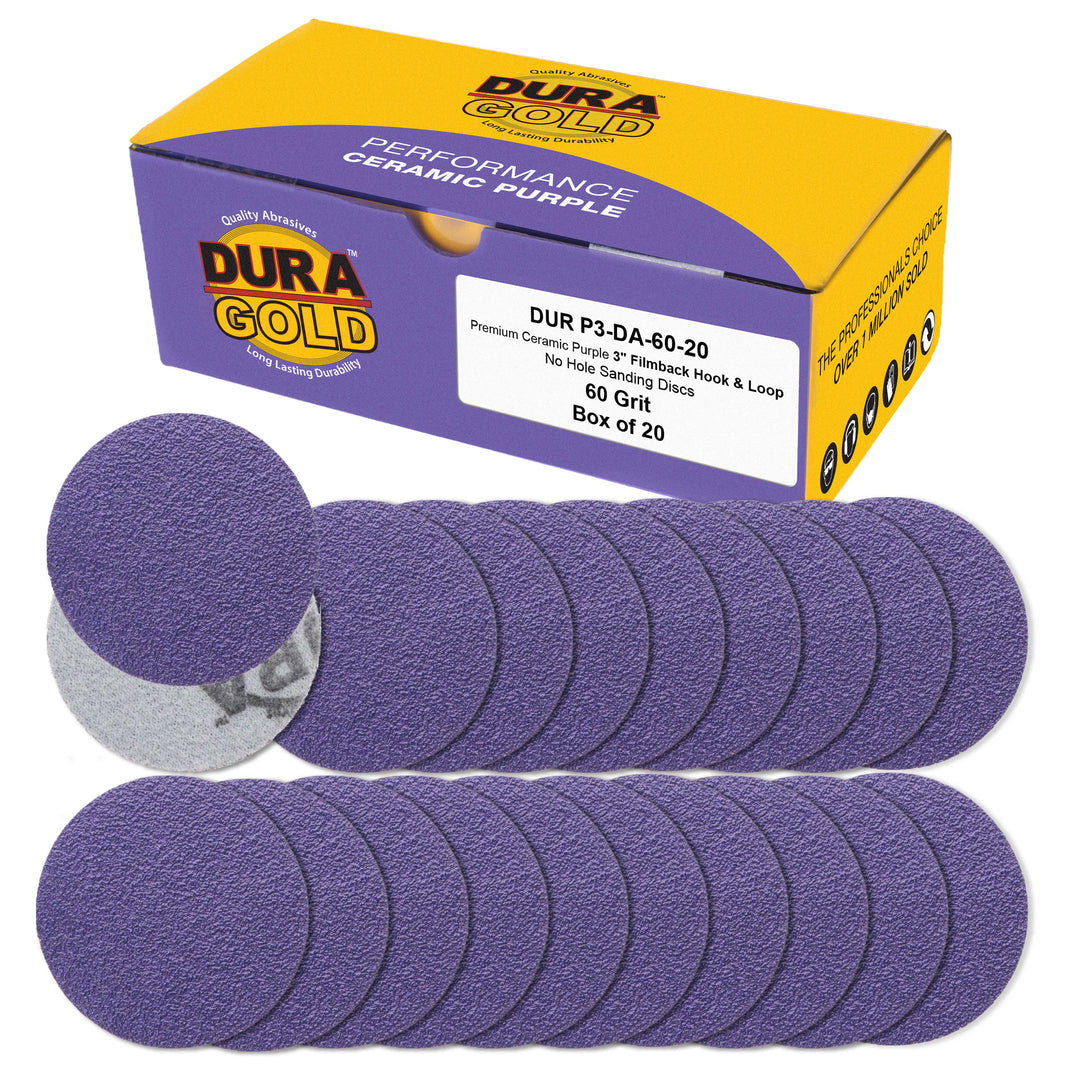 Premium 60 Grit 3" Purple Film Ceramic Sanding Discs, Box of 20 - Hook & Loop Backing Sandpaper for DA Sander, Drill, Grinder, Rotary Tool
