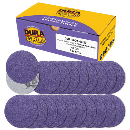 Premium 60 Grit 3" Purple Film Ceramic Sanding Discs, Box of 20 - Hook & Loop Backing Sandpaper for DA Sander, Drill, Grinder, Rotary Tool