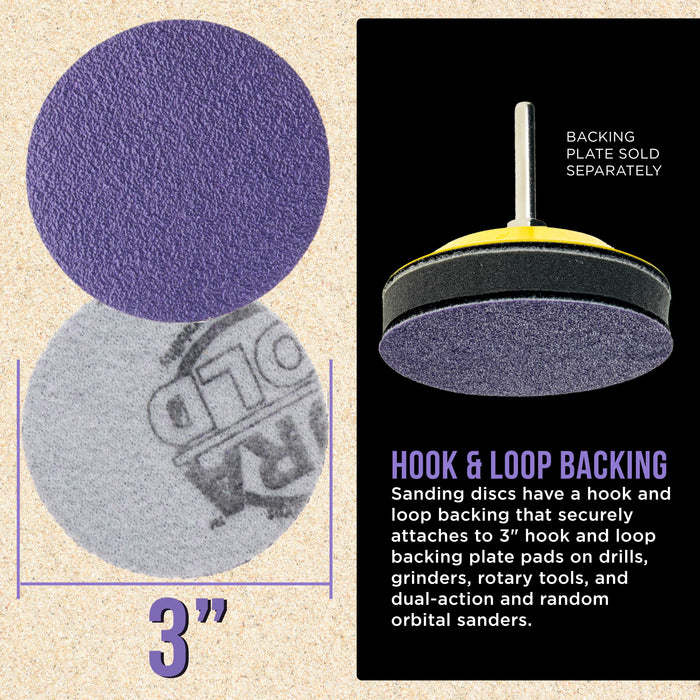 Premium 60 Grit 3" Purple Film Ceramic Sanding Discs, Box of 20 - Hook & Loop Backing Sandpaper for DA Sander, Drill, Grinder, Rotary Tool - Sand Auto Body Paint, Metal, Wood, Woodworking