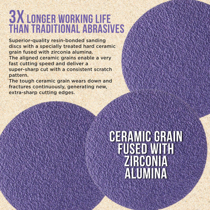 Premium 60 Grit 3" Purple Film Ceramic Sanding Discs, Box of 20 - Hook & Loop Backing Sandpaper for DA Sander, Drill, Grinder, Rotary Tool