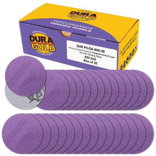 Premium 600 Grit 3" Purple Film Ceramic Sanding Discs, Box of 30 - Hook & Loop Backing Sandpaper for DA Sander, Drill, Grinder, Rotary Tool - Sand Auto Body Paint, Metal, Wood, Woodworking