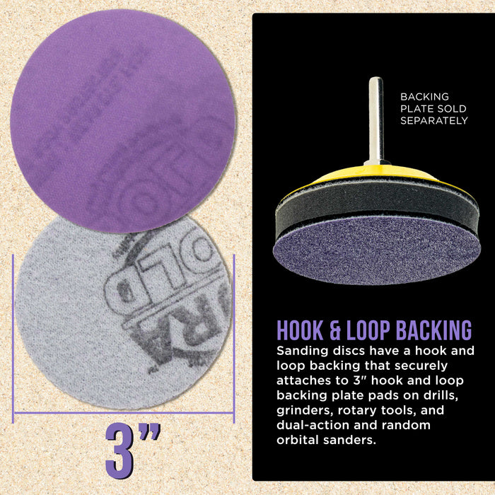 Premium 600 Grit 3" Purple Film Ceramic Sanding Discs, Box of 30 - Hook & Loop Backing Sandpaper for DA Sander, Drill, Grinder, Rotary Tool - Sand Auto Body Paint, Metal, Wood, Woodworking