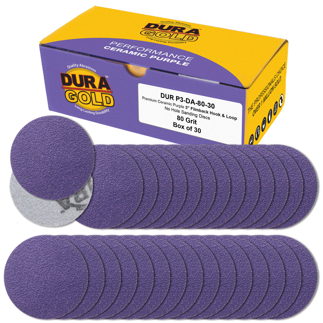Premium 80 Grit 3" Purple Film Ceramic Sanding Discs, Box of 30 - Hook & Loop Backing Sandpaper for DA Sander, Drill, Grinder, Rotary Tool