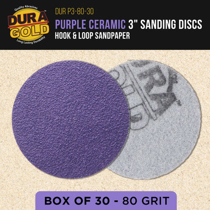 Premium 80 Grit 3" Purple Film Ceramic Sanding Discs, Box of 30 - Hook & Loop Backing Sandpaper for DA Sander, Drill, Grinder, Rotary Tool