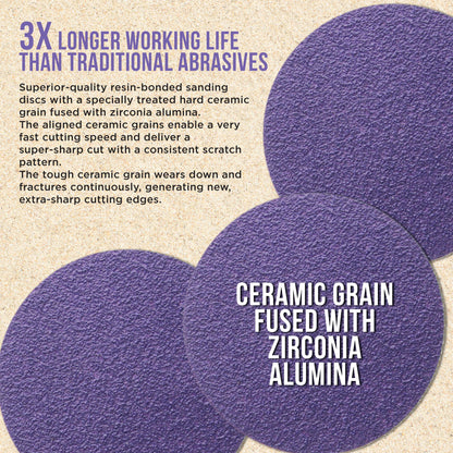 Premium 80 Grit 3" Purple Film Ceramic Sanding Discs, Box of 30 - Hook & Loop Backing Sandpaper for DA Sander, Drill, Grinder, Rotary Tool