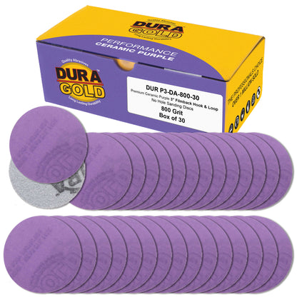 Premium 800 Grit 3" Purple Film Ceramic Sanding Discs, Box of 30 - Hook & Loop Backing Sandpaper for DA Sander, Drill, Grinder, Rotary Tool
