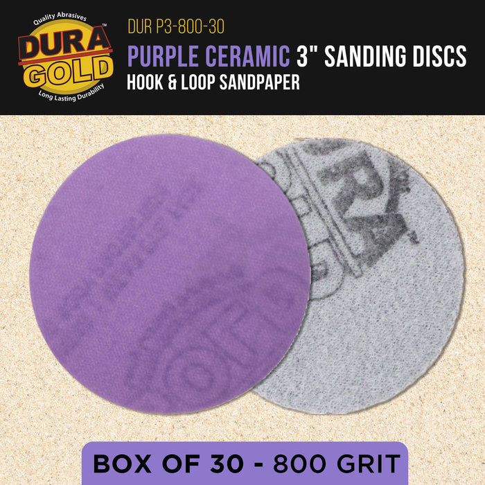 Premium 800 Grit 3" Purple Film Ceramic Sanding Discs, Box of 30 - Hook & Loop Backing Sandpaper for DA Sander, Drill, Grinder, Rotary Tool - Sand Auto Body Paint, Metal, Wood, Woodworking