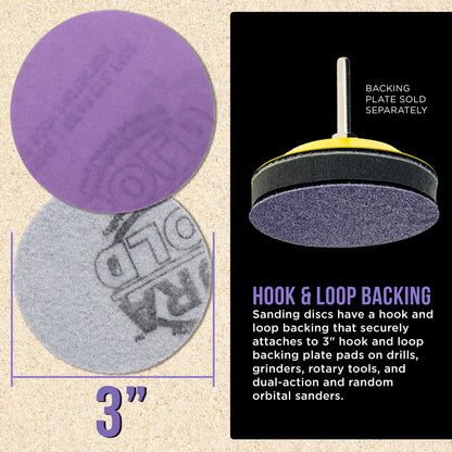 Premium 800 Grit 3" Purple Film Ceramic Sanding Discs, Box of 30 - Hook & Loop Backing Sandpaper for DA Sander, Drill, Grinder, Rotary Tool
