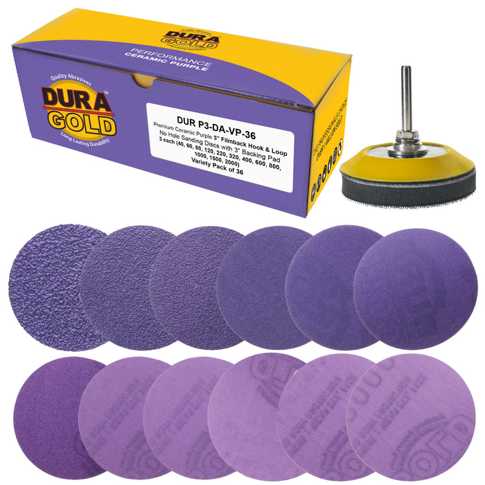 Premium 3" Purple Film Ceramic Sanding Discs, 36 Disc Variety Pack, Grits 40, 60, 80, 120, 220, 320, 400, 600, 800, 1000, 1500, 2000 - Hook & Loop Sandpaper & Drill Backing Plate - Auto Wood