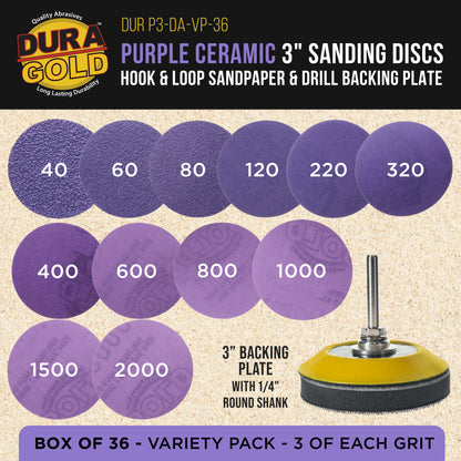 Premium 3" Purple Film Ceramic Sanding Discs, 36 Disc Variety Pack, Grits 40, 60, 80, 120, 220, 320, 400, 600, 800, 1000, 1500, 2000 - Hook & Loop Sandpaper & Drill Backing Plate