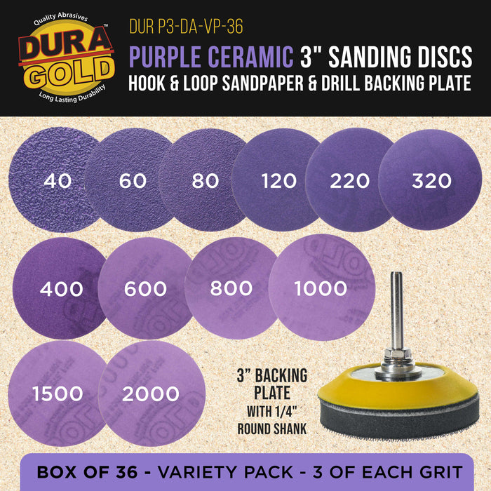 Premium 3" Purple Film Ceramic Sanding Discs, 36 Disc Variety Pack, Grits 40, 60, 80, 120, 220, 320, 400, 600, 800, 1000, 1500, 2000 - Hook & Loop Sandpaper & Drill Backing Plate - Auto Wood