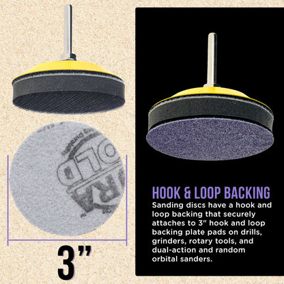 Premium 3" Purple Film Ceramic Sanding Discs, 36 Disc Variety Pack, Grits 40, 60, 80, 120, 220, 320, 400, 600, 800, 1000, 1500, 2000 - Hook & Loop Sandpaper & Drill Backing Plate