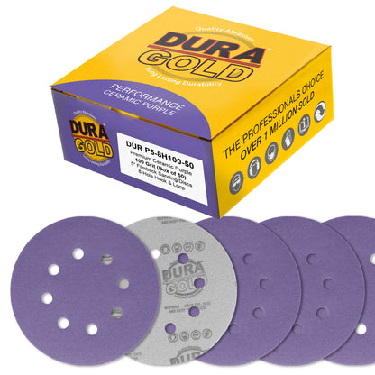 Premium 100 Grit 5" Purple Film Ceramic Sanding Discs, 8-Hole Pattern, Box of 50 - Dustless Hook & Loop Backing Sandpaper for DA & Random Orbital Sanders