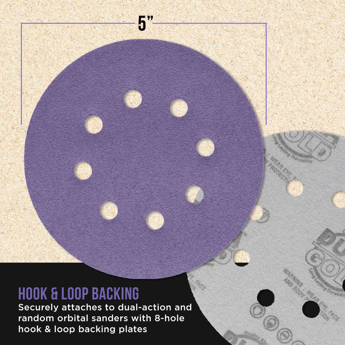 Premium 100 Grit 5" Purple Film Ceramic Sanding Discs, 8-Hole Pattern, Box of 50 - Dustless Hook & Loop Backing Sandpaper for DA & Random Orbital Sanders - Sand Auto Paint, Wood, Woodworking