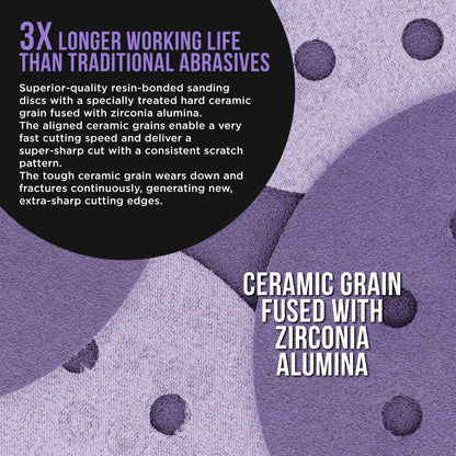Premium 100 Grit 5" Purple Film Ceramic Sanding Discs, 8-Hole Pattern, Box of 50 - Dustless Hook & Loop Backing Sandpaper for DA & Random Orbital Sanders