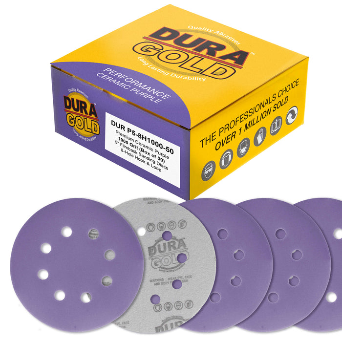 Premium 1000 Grit 5" Purple Film Ceramic Sanding Discs, 8-Hole Pattern, Box of 50 - Dustless Hook & Loop Backing Sandpaper for DA & Random Orbital Sanders - Detail Color Sand Auto Paint Wood