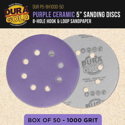 Premium 1000 Grit 5" Purple Film Ceramic Sanding Discs, 8-Hole Pattern, Box of 50 - Dustless Hook & Loop Backing Sandpaper for DA & Random Orbital Sanders