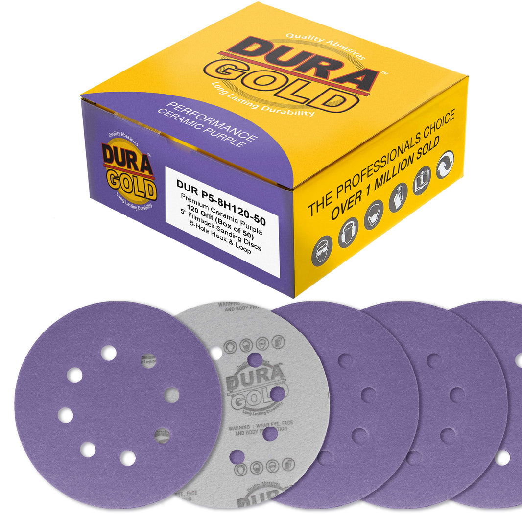 Premium 120 Grit 5" Purple Film Ceramic Sanding Discs, 8-Hole Pattern, Box of 50 - Dustless Hook & Loop Backing Sandpaper for DA & Random Orbital Sanders