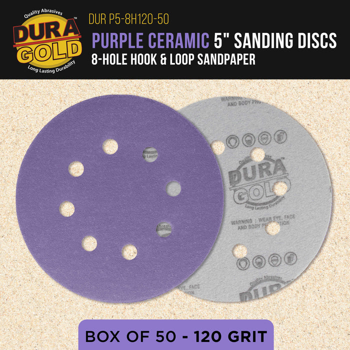 Premium 120 Grit 5" Purple Film Ceramic Sanding Discs, 8-Hole Pattern, Box of 50 - Dustless Hook & Loop Backing Sandpaper for DA & Random Orbital Sanders - Sand Auto Paint, Wood, Woodworking