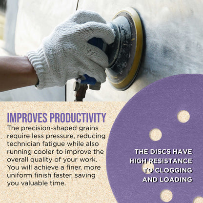 Premium 120 Grit 5" Purple Film Ceramic Sanding Discs, 8-Hole Pattern, Box of 50 - Dustless Hook & Loop Backing Sandpaper for DA & Random Orbital Sanders
