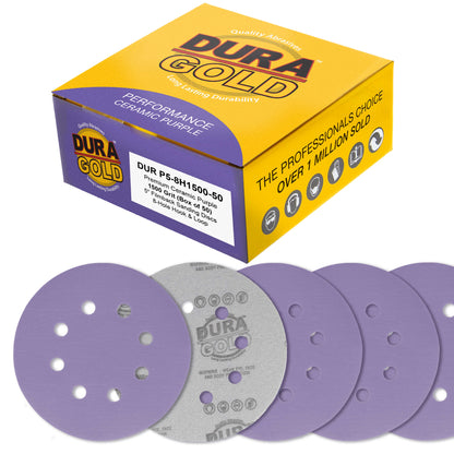 Premium 1500 Grit 5" Purple Film Ceramic Sanding Discs, 8-Hole Pattern, Box of 50 - Dustless Hook & Loop Backing Sandpaper for DA & Random Orbital Sanders
