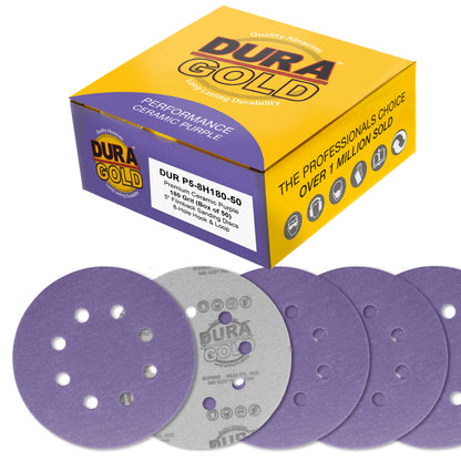 Premium 180 Grit 5" Purple Film Ceramic Sanding Discs, 8-Hole Pattern, Box of 50 - Dustless Hook & Loop Backing Sandpaper for DA & Random Orbital Sanders