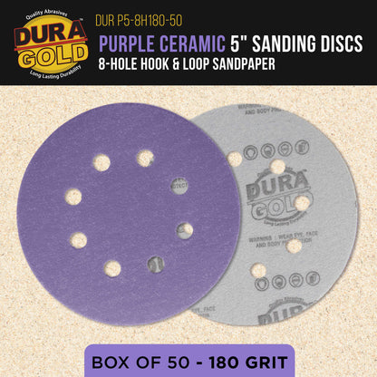Premium 180 Grit 5" Purple Film Ceramic Sanding Discs, 8-Hole Pattern, Box of 50 - Dustless Hook & Loop Backing Sandpaper for DA & Random Orbital Sanders
