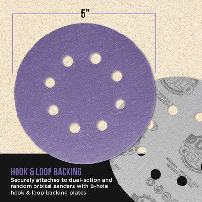 Premium 180 Grit 5" Purple Film Ceramic Sanding Discs, 8-Hole Pattern, Box of 50 - Dustless Hook & Loop Backing Sandpaper for DA & Random Orbital Sanders