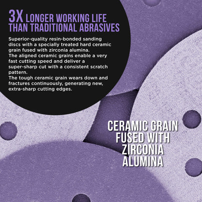 Premium 180 Grit 5" Purple Film Ceramic Sanding Discs, 8-Hole Pattern, Box of 50 - Dustless Hook & Loop Backing Sandpaper for DA & Random Orbital Sanders