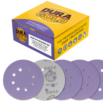 Premium 2000 Grit 5" Purple Film Ceramic Sanding Discs, 8-Hole Pattern, Box of 50 - Dustless Hook & Loop Backing Sandpaper for DA & Random Orbital Sanders