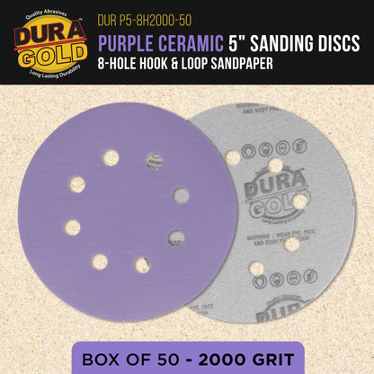 Premium 2000 Grit 5" Purple Film Ceramic Sanding Discs, 8-Hole Pattern, Box of 50 - Dustless Hook & Loop Backing Sandpaper for DA & Random Orbital Sanders