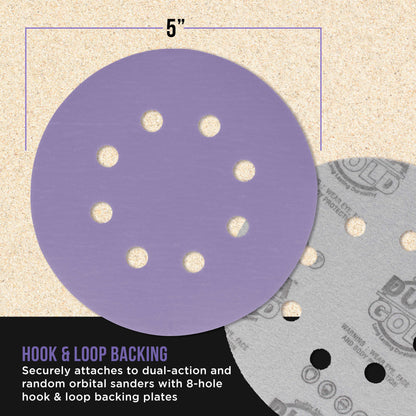 Premium 2000 Grit 5" Purple Film Ceramic Sanding Discs, 8-Hole Pattern, Box of 50 - Dustless Hook & Loop Backing Sandpaper for DA & Random Orbital Sanders