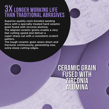 Premium 2000 Grit 5" Purple Film Ceramic Sanding Discs, 8-Hole Pattern, Box of 50 - Dustless Hook & Loop Backing Sandpaper for DA & Random Orbital Sanders