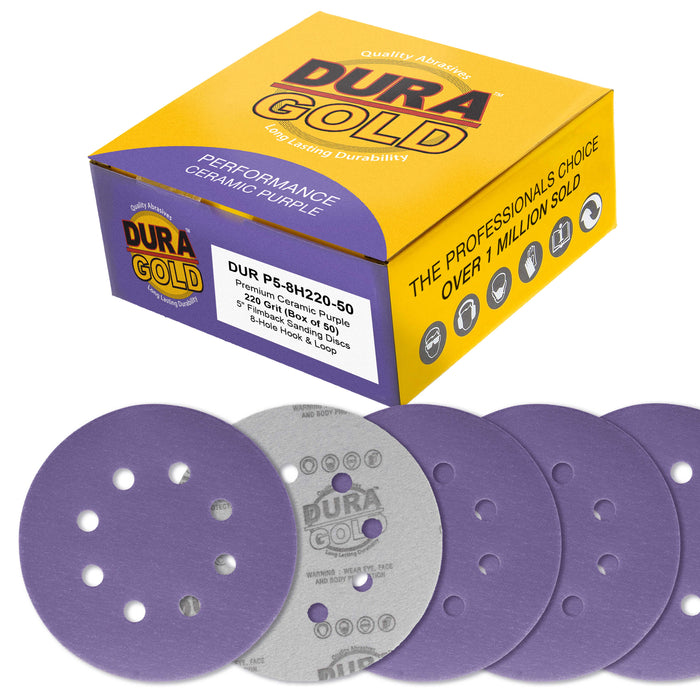 Premium 220 Grit 5" Purple Film Ceramic Sanding Discs, 8-Hole Pattern, Box of 50 - Dustless Hook & Loop Backing Sandpaper for DA & Random Orbital Sanders - Sand Auto Paint, Wood, Woodworking