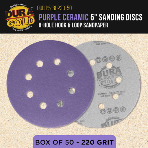 Premium 220 Grit 5" Purple Film Ceramic Sanding Discs, 8-Hole Pattern, Box of 50 - Dustless Hook & Loop Backing Sandpaper for DA & Random Orbital Sanders - Sand Auto Paint, Wood, Woodworking