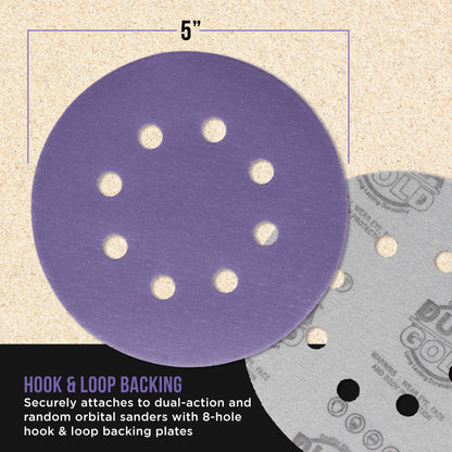 Premium 220 Grit 5" Purple Film Ceramic Sanding Discs, 8-Hole Pattern, Box of 50 - Dustless Hook & Loop Backing Sandpaper for DA & Random Orbital Sanders