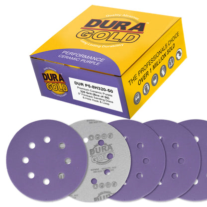Premium 320 Grit 5" Purple Film Ceramic Sanding Discs, 8-Hole Pattern, Box of 50 - Dustless Hook & Loop Backing Sandpaper for DA & Random Orbital Sanders
