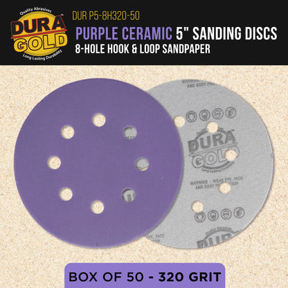 Premium 320 Grit 5" Purple Film Ceramic Sanding Discs, 8-Hole Pattern, Box of 50 - Dustless Hook & Loop Backing Sandpaper for DA & Random Orbital Sanders