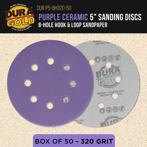 Premium 320 Grit 5" Purple Film Ceramic Sanding Discs, 8-Hole Pattern, Box of 50 - Dustless Hook & Loop Backing Sandpaper for DA & Random Orbital Sanders - Sand Auto Paint, Wood, Woodworking