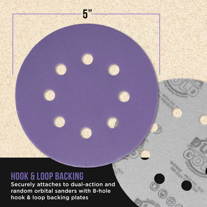 Premium 320 Grit 5" Purple Film Ceramic Sanding Discs, 8-Hole Pattern, Box of 50 - Dustless Hook & Loop Backing Sandpaper for DA & Random Orbital Sanders