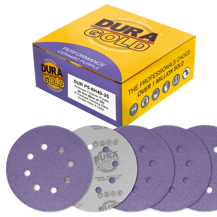 Premium 40 Grit 5" Purple Film Ceramic Sanding Discs, 8-Hole Pattern, Box of 25 - Dustless Hook & Loop Backing Sandpaper for DA & Random Orbital Sanders - Sand Auto Paint, Wood, Woodworking