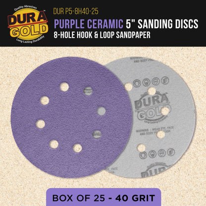 Premium 40 Grit 5" Purple Film Ceramic Sanding Discs, 8-Hole Pattern, Box of 25 - Dustless Hook & Loop Backing Sandpaper for DA & Random Orbital Sanders