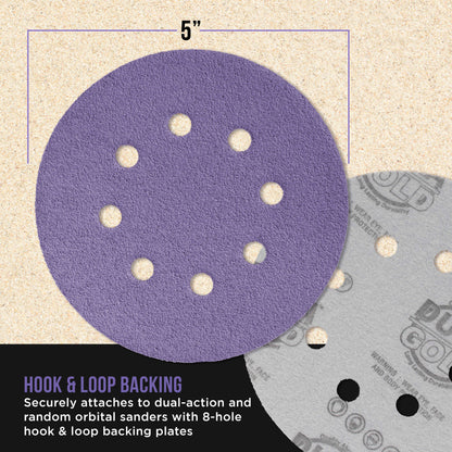 Premium 40 Grit 5" Purple Film Ceramic Sanding Discs, 8-Hole Pattern, Box of 25 - Dustless Hook & Loop Backing Sandpaper for DA & Random Orbital Sanders