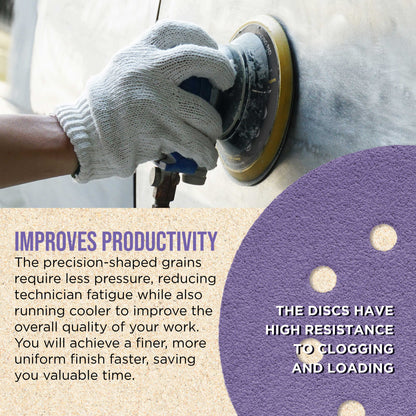 Premium 40 Grit 5" Purple Film Ceramic Sanding Discs, 8-Hole Pattern, Box of 25 - Dustless Hook & Loop Backing Sandpaper for DA & Random Orbital Sanders